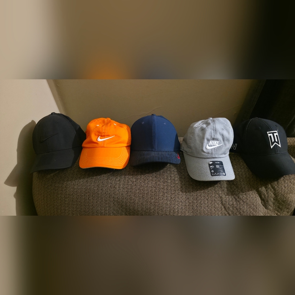 Nike Caps in Black, Orange, and Blue